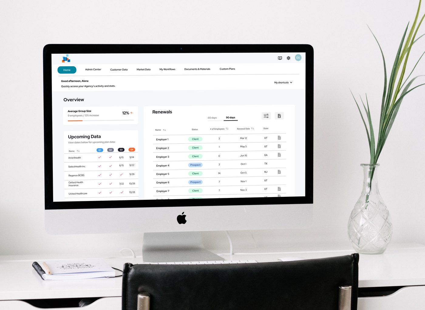 Admin dashboard on an iMac beside a black chair