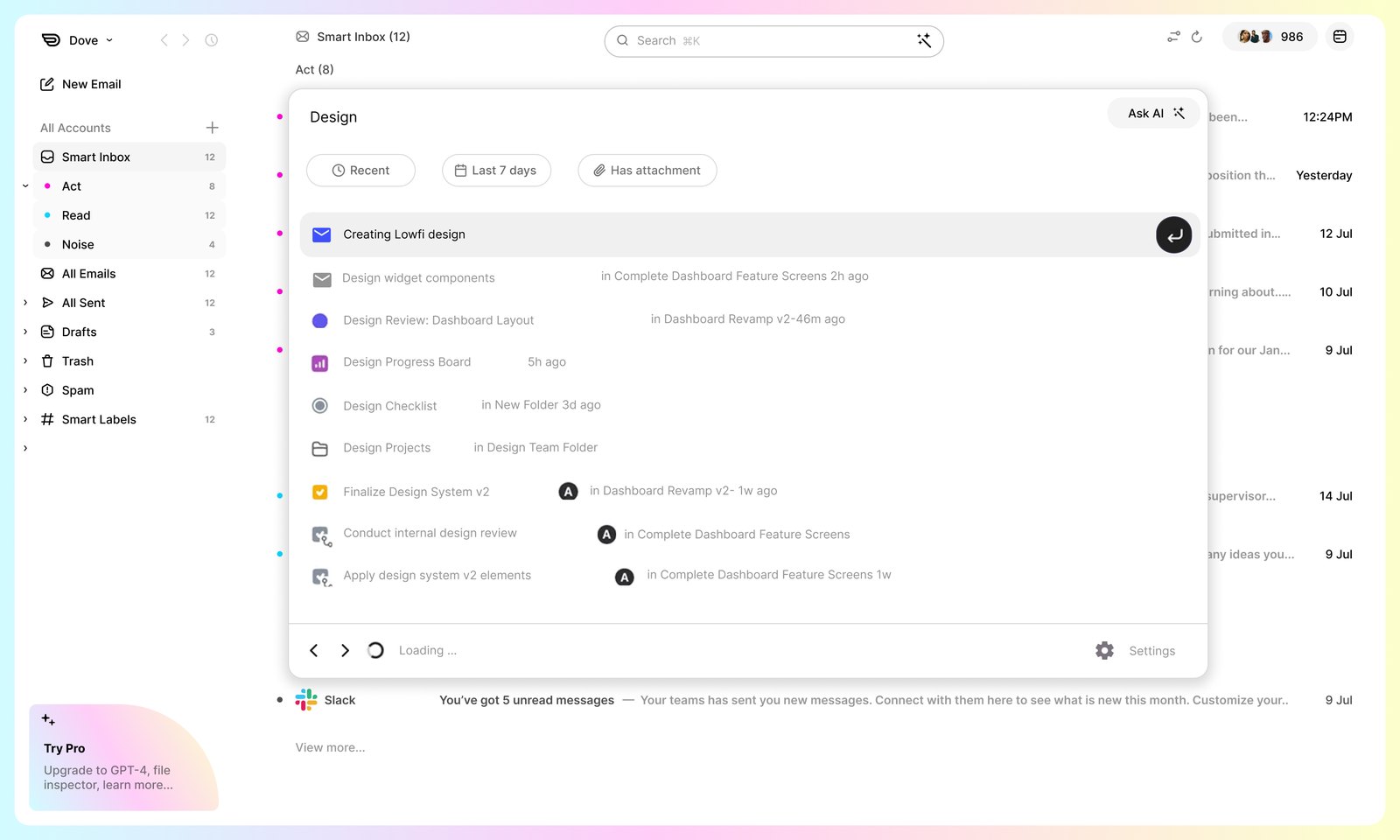Dove unified search with filters, results, and Ask AI in a single persistent field