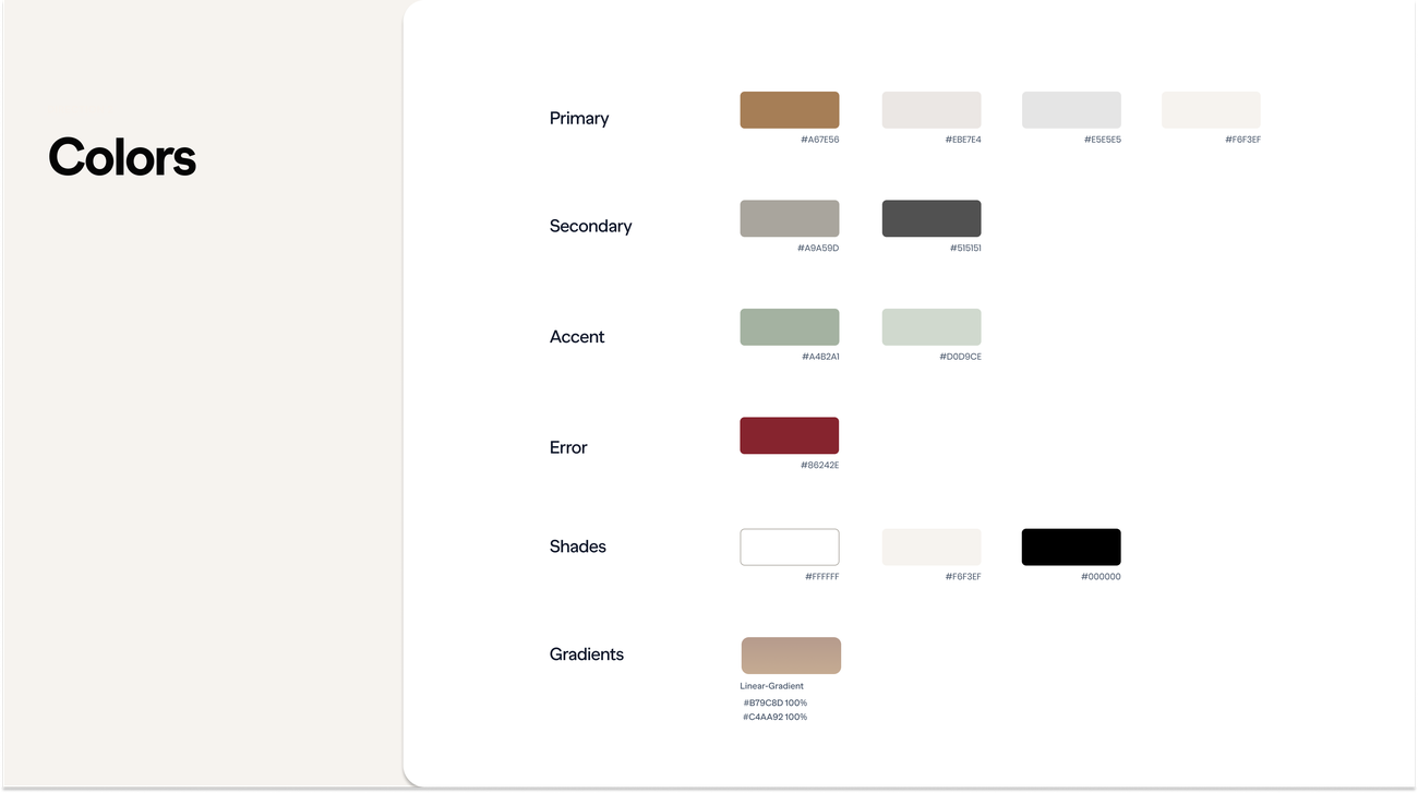 FITFIND color system: primary, secondary, accent, error, shades, and gradients