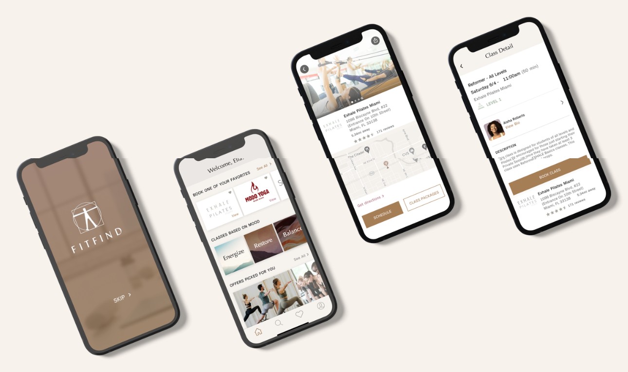 FITFIND app screens on floating phones