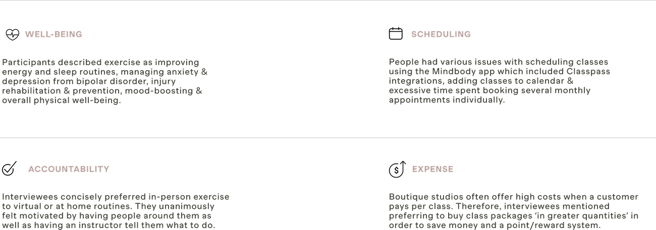 Interview insight themes: well-being, scheduling, accountability, and expense