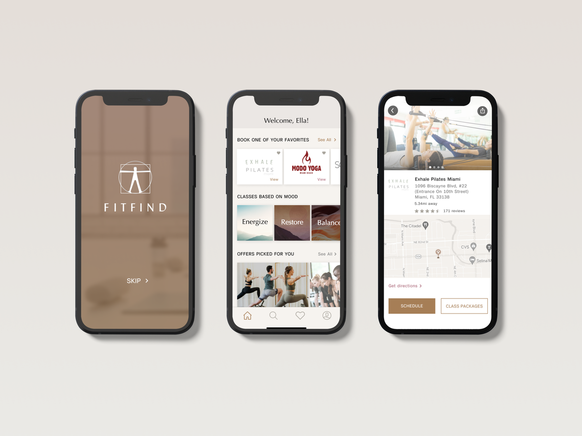 Three FITFIND app screens on phones