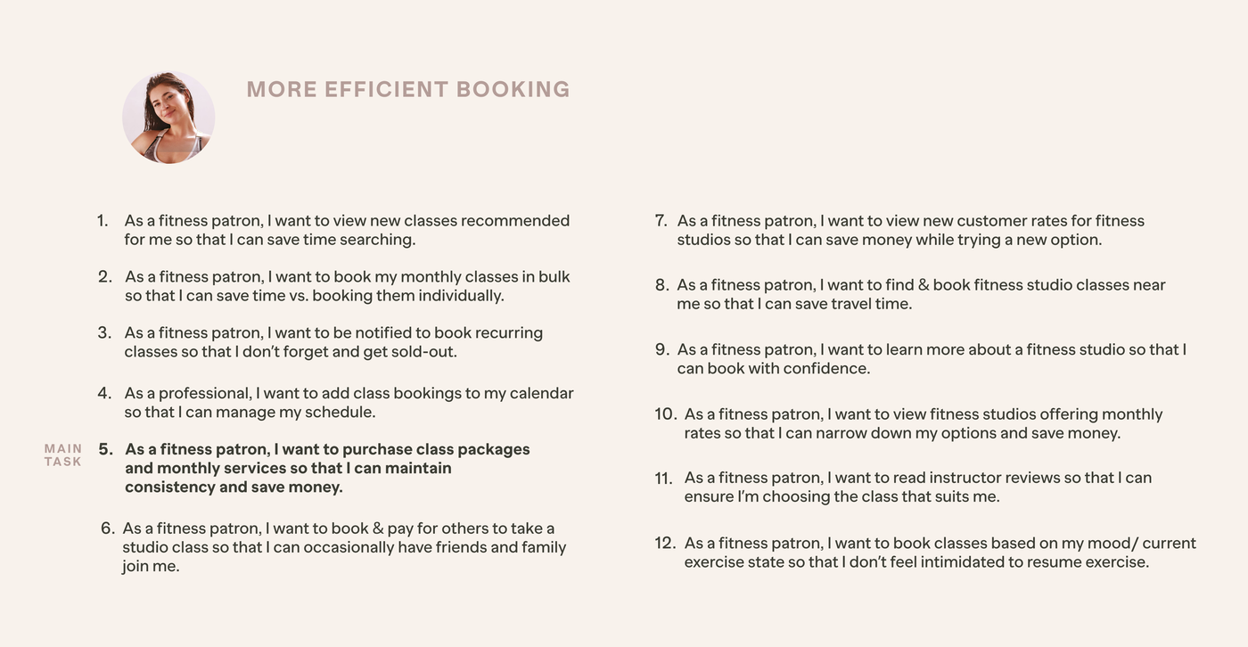 Expanded user stories under the More Efficient Booking epic