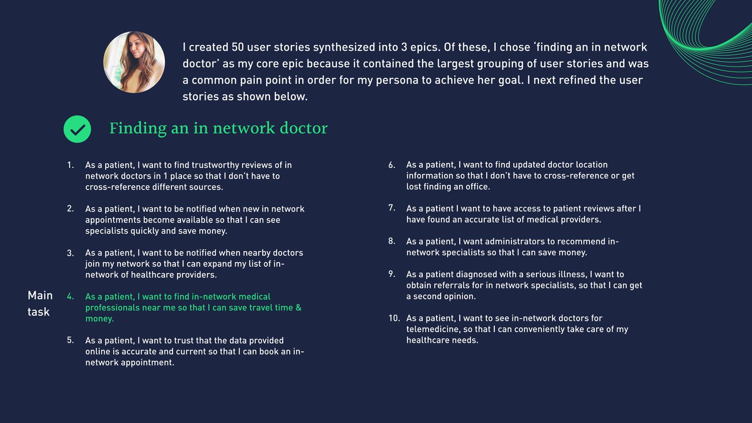 Fifty user stories synthesized into three epics, with finding an in-network doctor as the core epic