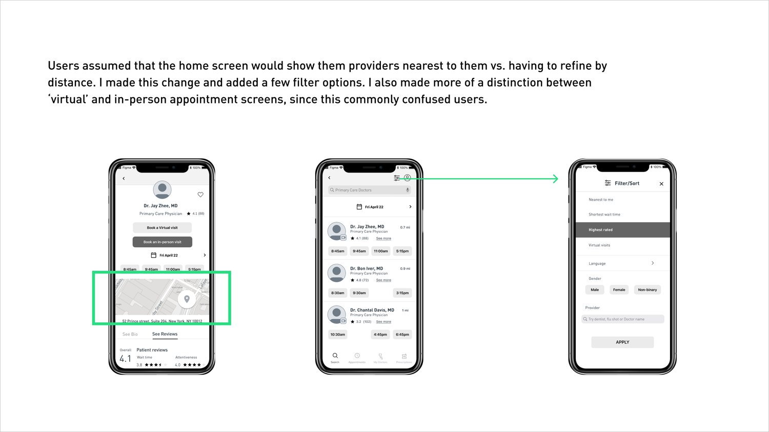 Refined screens showing distance-sorted results and clearer virtual versus in-person booking