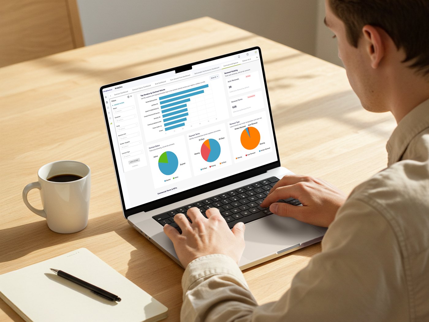 Contract analytics dashboard on a MacBook Pro
