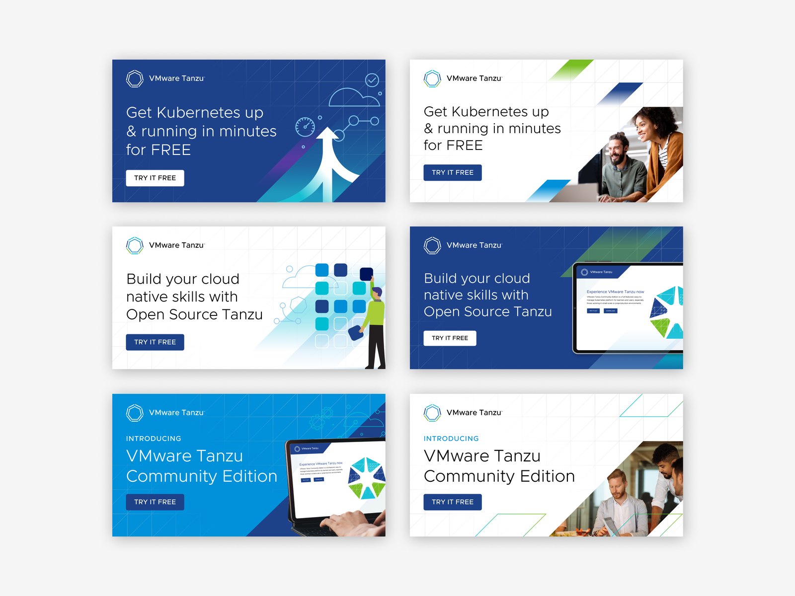 VMware Tanzu paid social ad concepts with bold typography and A/B variants